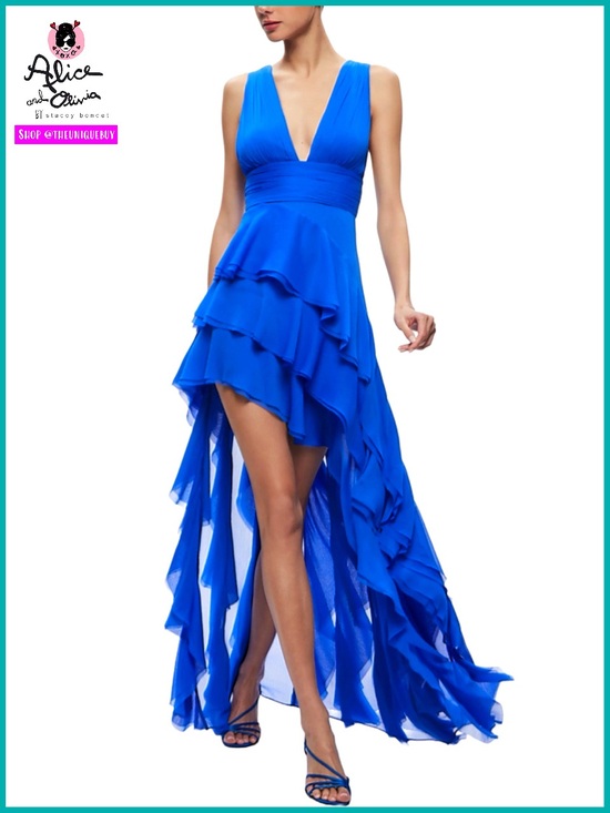 Alice + Olivia Dresses & Skirts - Alice + Olivia Holly Low Neck Asymmetric Ruffle Sapphire Blue Maxi Dress